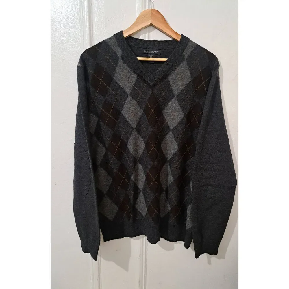 Banana republic mens large sweater argyle gray brown fine wool patch elbow